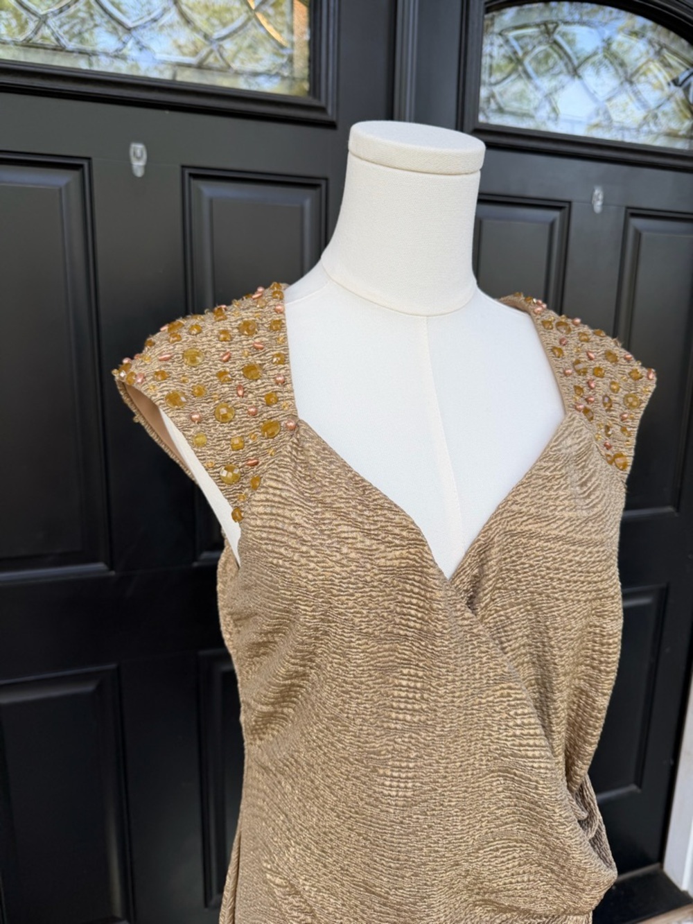 Maggy London Gold Draped Cocktail Dress with Beaded Shoulders Women’s 14 - Picture 2 of 6